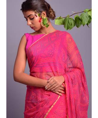 pink printed bandhej chiffon saree with blouse 3
