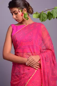 pink printed bandhej chiffon saree with blouse