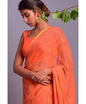 peach printed bandhej chiffon saree with blouse 3