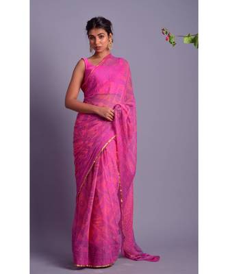 purple printed bandhej chiffon saree with blouse 1