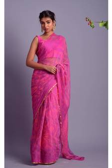 purple printed bandhej chiffon saree with blouse