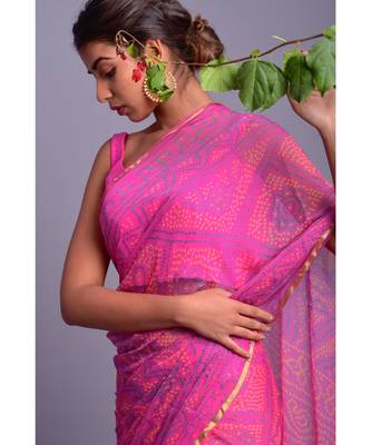 purple printed bandhej chiffon saree with blouse 3