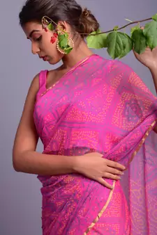 purple printed bandhej chiffon saree with blouse