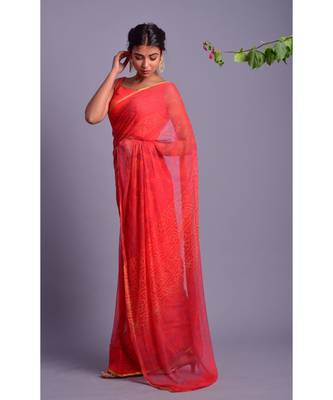 orange printed bandhej chiffon saree with blouse 2