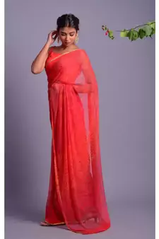 orange printed bandhej chiffon saree with blouse