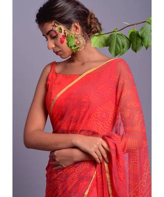 orange printed bandhej chiffon saree with blouse 3