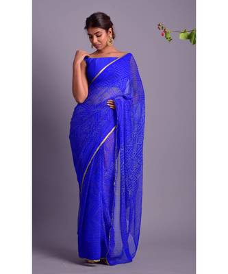 blue printed bandhej chiffon saree with blouse 1