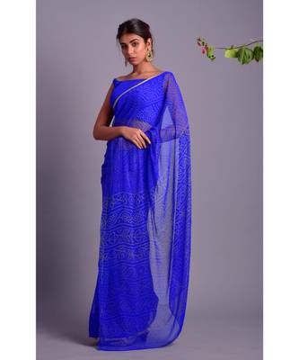 blue printed bandhej chiffon saree with blouse 2