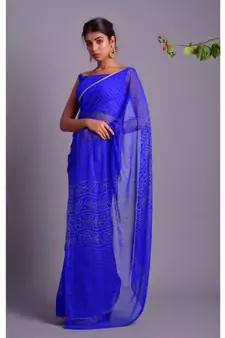 blue printed bandhej chiffon saree with blouse