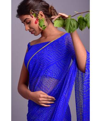 blue printed bandhej chiffon saree with blouse 3