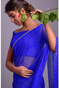 blue printed bandhej chiffon saree with blouse