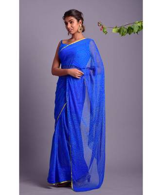 blue printed bandhej chiffon saree with blouse 2