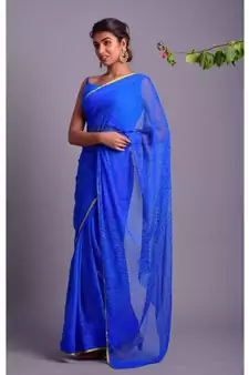 blue printed bandhej chiffon saree with blouse