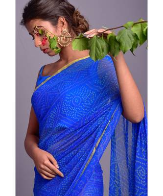 blue printed bandhej chiffon saree with blouse 3