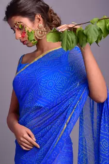 blue printed bandhej chiffon saree with blouse