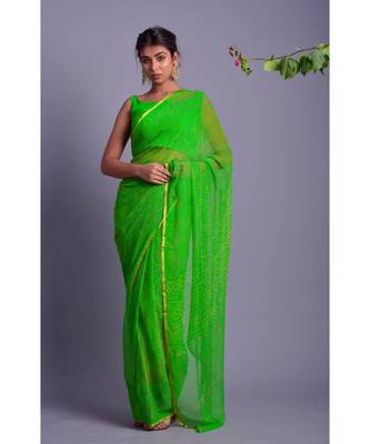 green printed bandhej chiffon saree with blouse 1