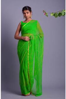 green printed bandhej chiffon saree with blouse