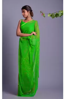 green printed bandhej chiffon saree with blouse