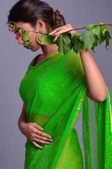 green printed bandhej chiffon saree with blouse