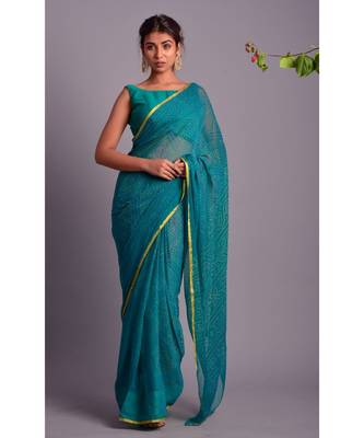 green printed bandhej chiffon saree with blouse 1