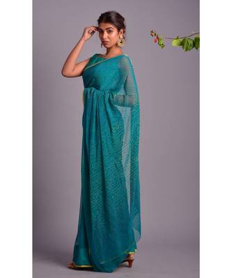 green printed bandhej chiffon saree with blouse 2
