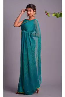 green printed bandhej chiffon saree with blouse