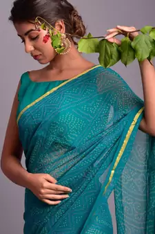 green printed bandhej chiffon saree with blouse