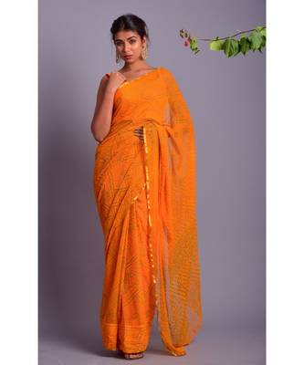 yellow printed bandhej chiffon saree with blouse 1