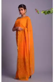 yellow printed bandhej chiffon saree with blouse