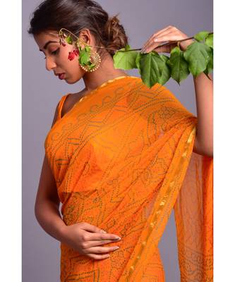 yellow printed bandhej chiffon saree with blouse 3