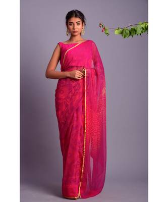 pink printed bandhej chiffon saree with blouse 2