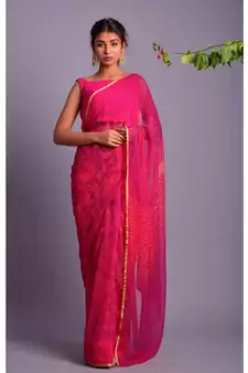 pink printed bandhej chiffon saree with blouse