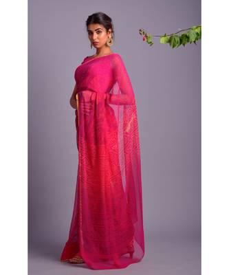pink printed bandhej chiffon saree with blouse 3