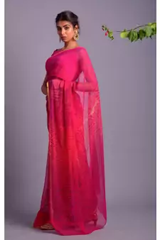 pink printed bandhej chiffon saree with blouse