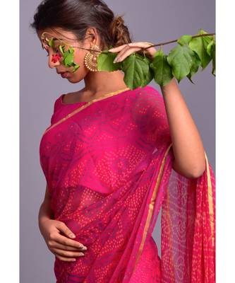 pink printed bandhej chiffon saree with blouse 4