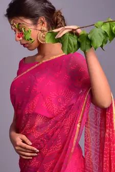 pink printed bandhej chiffon saree with blouse