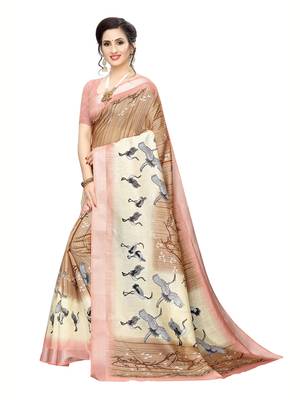 Brown Printed Art Silk Saree With Blouse 2