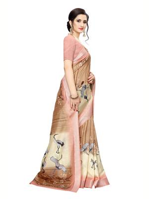 Brown Printed Art Silk Saree With Blouse 3