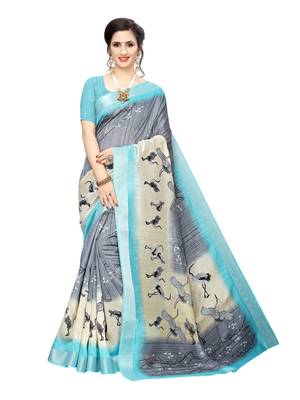Blue Printed Art Silk Saree With Blouse 1