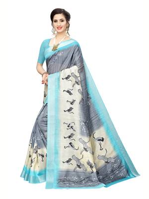 Blue Printed Art Silk Saree With Blouse 2