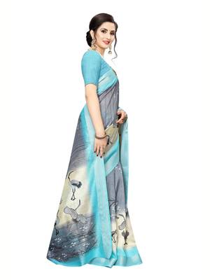 Blue Printed Art Silk Saree With Blouse 3