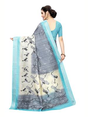Blue Printed Art Silk Saree With Blouse 4
