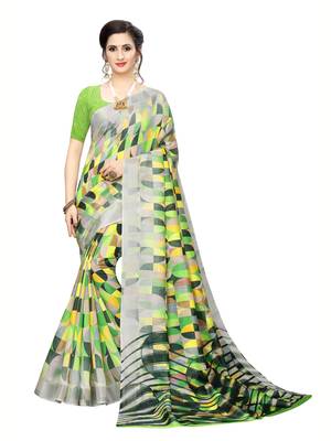 Green Printed Art Silk Saree With Blouse 1