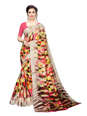 Beige Printed Art Silk Saree With Blouse 1