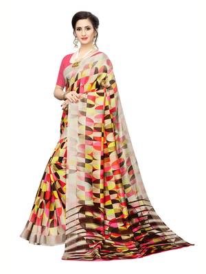 Beige Printed Art Silk Saree With Blouse 2