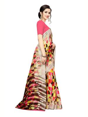 Beige Printed Art Silk Saree With Blouse 3