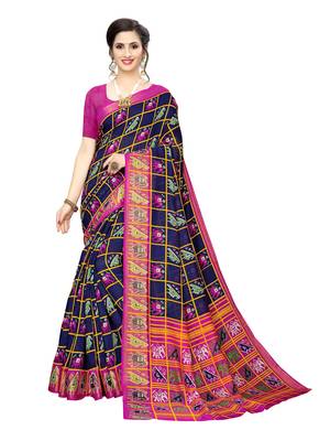 Blue Printed Chanderi Silk Saree With Blouse 1