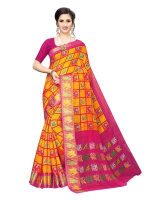 Yellow Printed Chanderi Silk Saree With Blouse 1