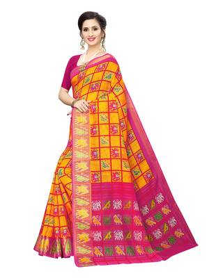 Yellow Printed Chanderi Silk Saree With Blouse 2