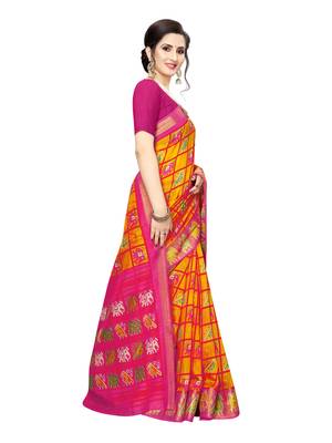 Yellow Printed Chanderi Silk Saree With Blouse 3